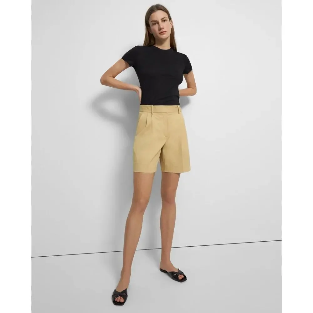 Theory High-Rise Pleated Shorts in Stretch Cotton Twill Olive Size 10 NWOT